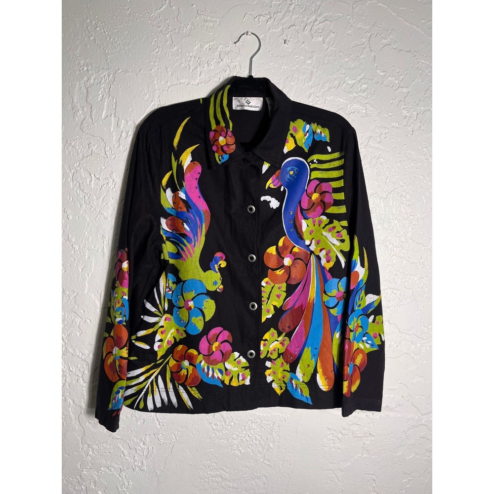 Erin London Silk Jacket Womens Large Black Tropical Bird Floral Hand Painted Art